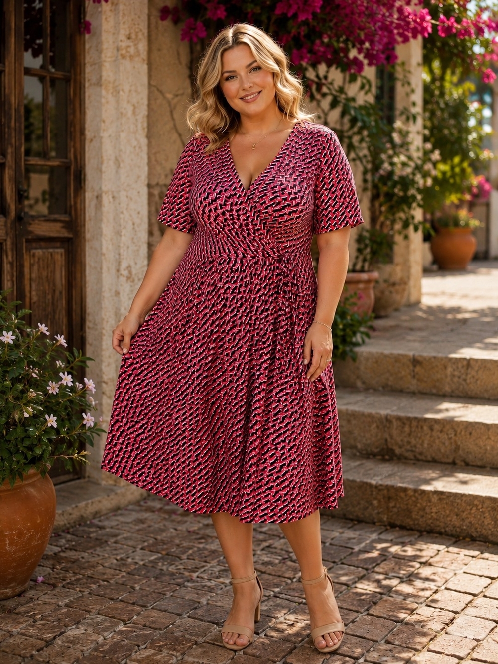 Jessica Howard Pink Patterned V-Neck Midi Dress